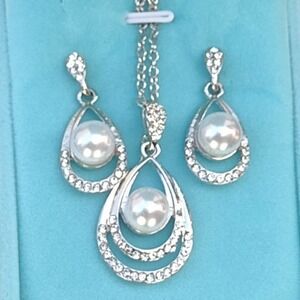 Pearl Teardrop Zirconia Rhinestone Drop Earrings Necklace Jewelry Sets